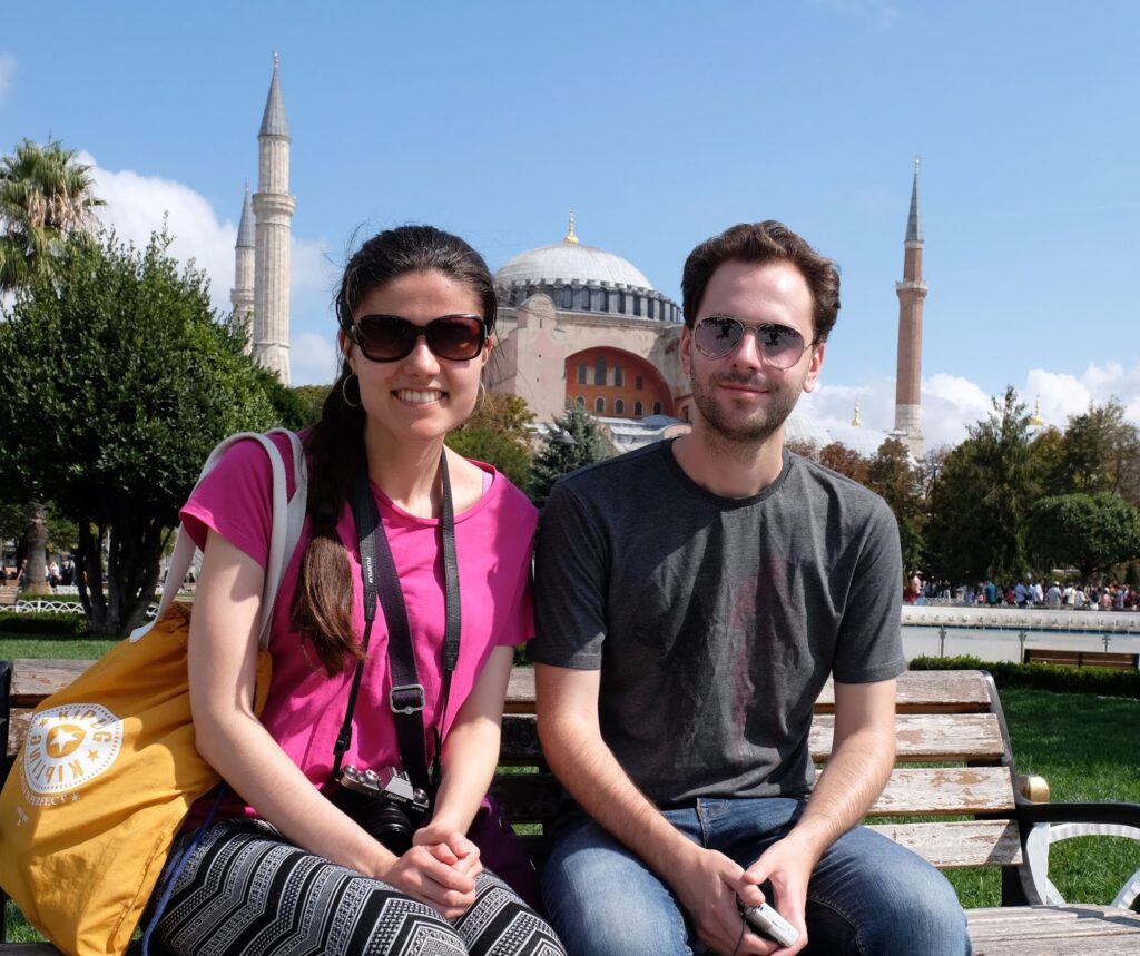 Kat and Stuart outside the Hagia Sophia in Istanbul, Turkey