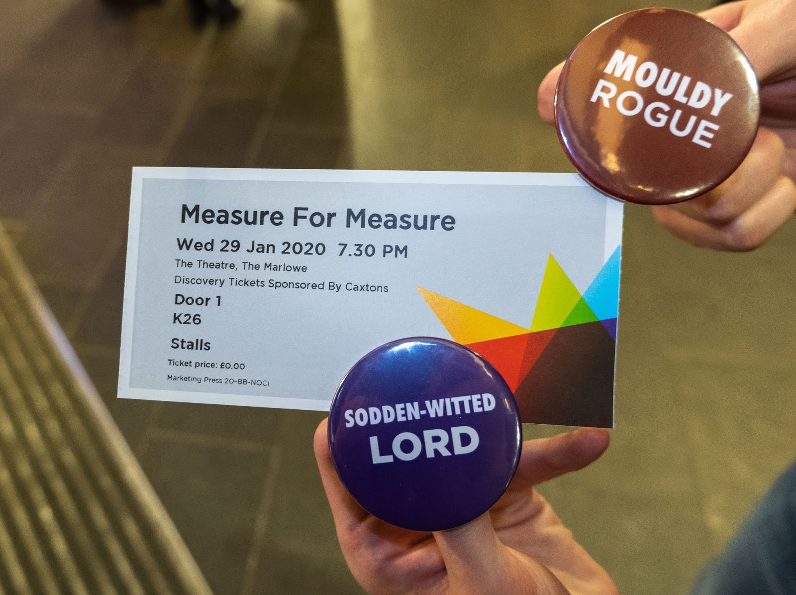 Our Measure For Measure tickets and complimentary Shakespearian insult badges