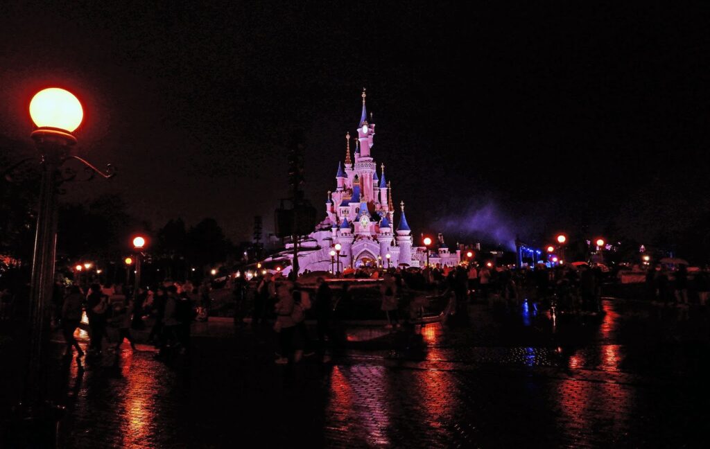 Sleeping Beauty Castle at night during Halloween season, Disneyland Paris