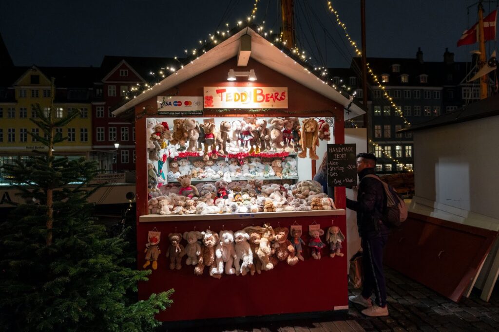 Teddy bear stall at the Nyhavn Christmas Market in Copenhagen, Denmark