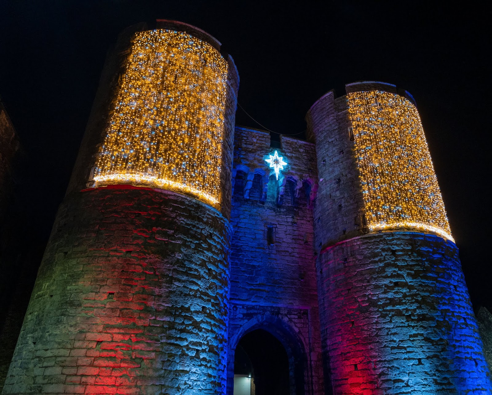 Canterbury's Westgate covered in Christmas lights