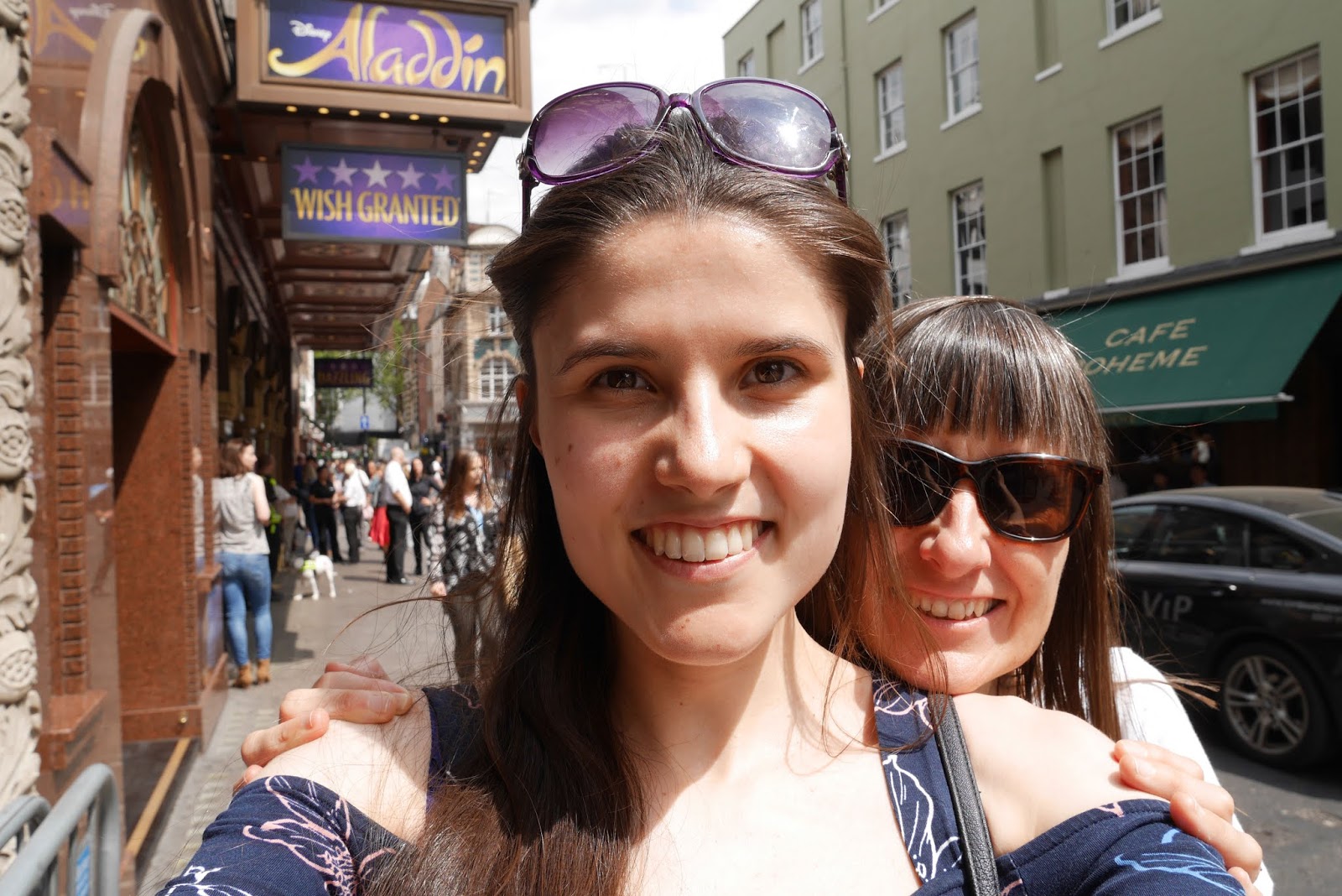 Kat Last and Mum outside the Aladdin The Musical theatre in London