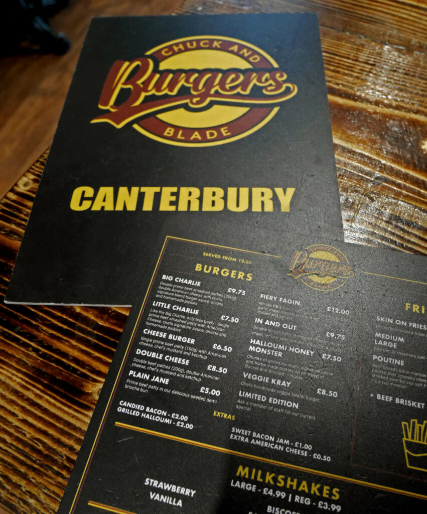 The menu for Chuck and Blade Burgers in Canterbury, Kent