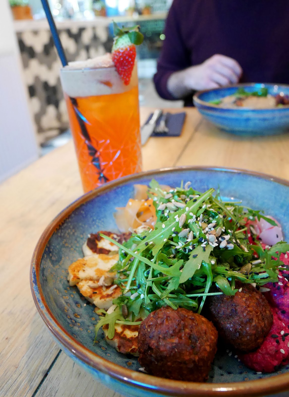 Strawbazzle fresh juice and a Falafel and Halloumi bowl at The Skinny Kitchen in Canterbury, Kent
