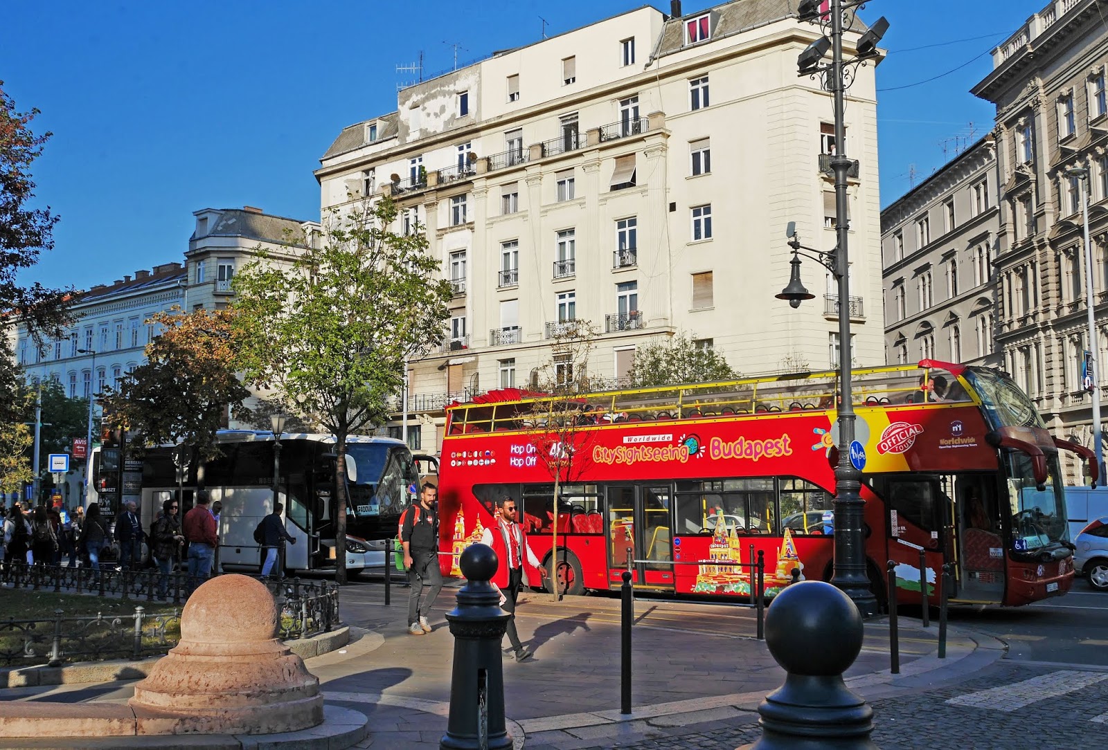 City Sightseeing bus outside the St Stephen's Basilica in Budapest, Hungary.