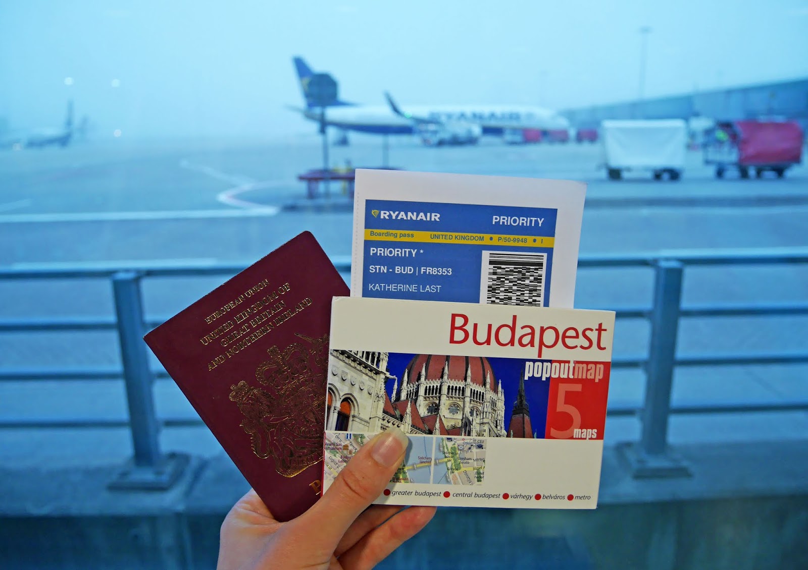 Waiting for our flight to Budapest at London Stansted Airport