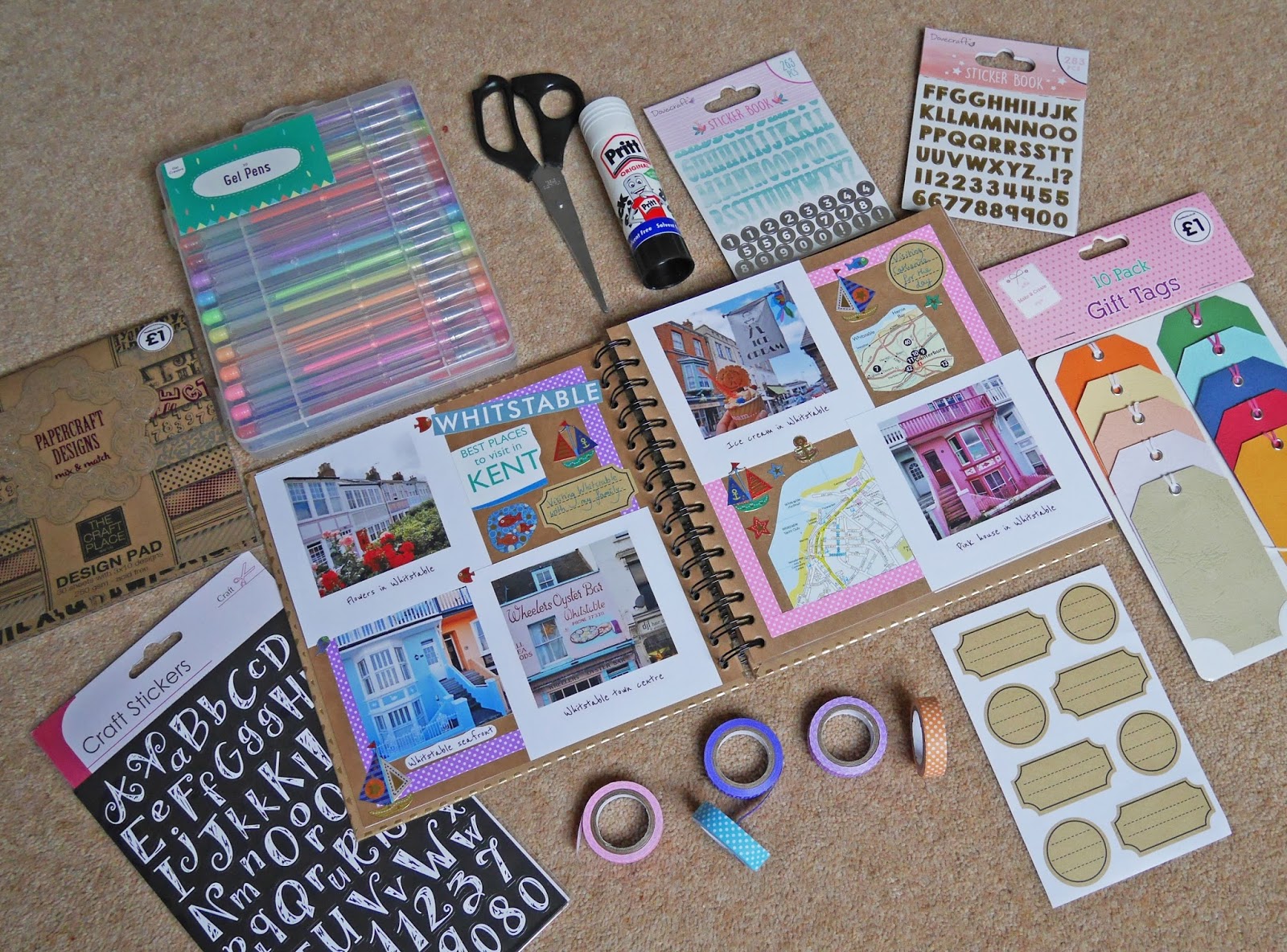 Scrapbooking starter kit for beginners - backing paper, stickers, washi tape and more