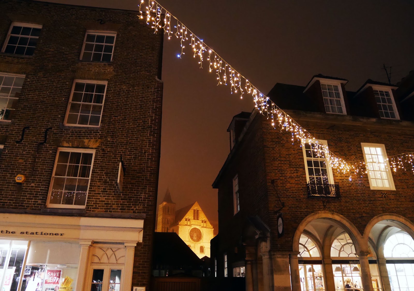 Christmas lights in front of Canterbury Cathedral