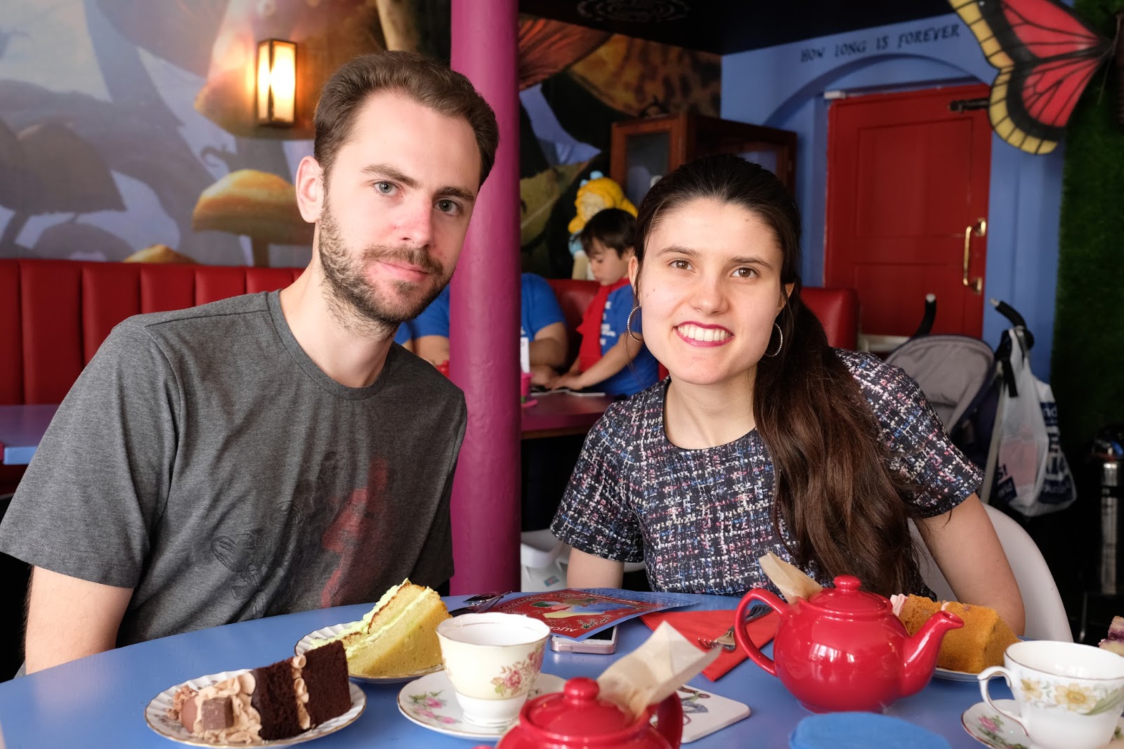 Stuart and Kat enjoying afternoon tea at Alice and the Hatter, Canterbury