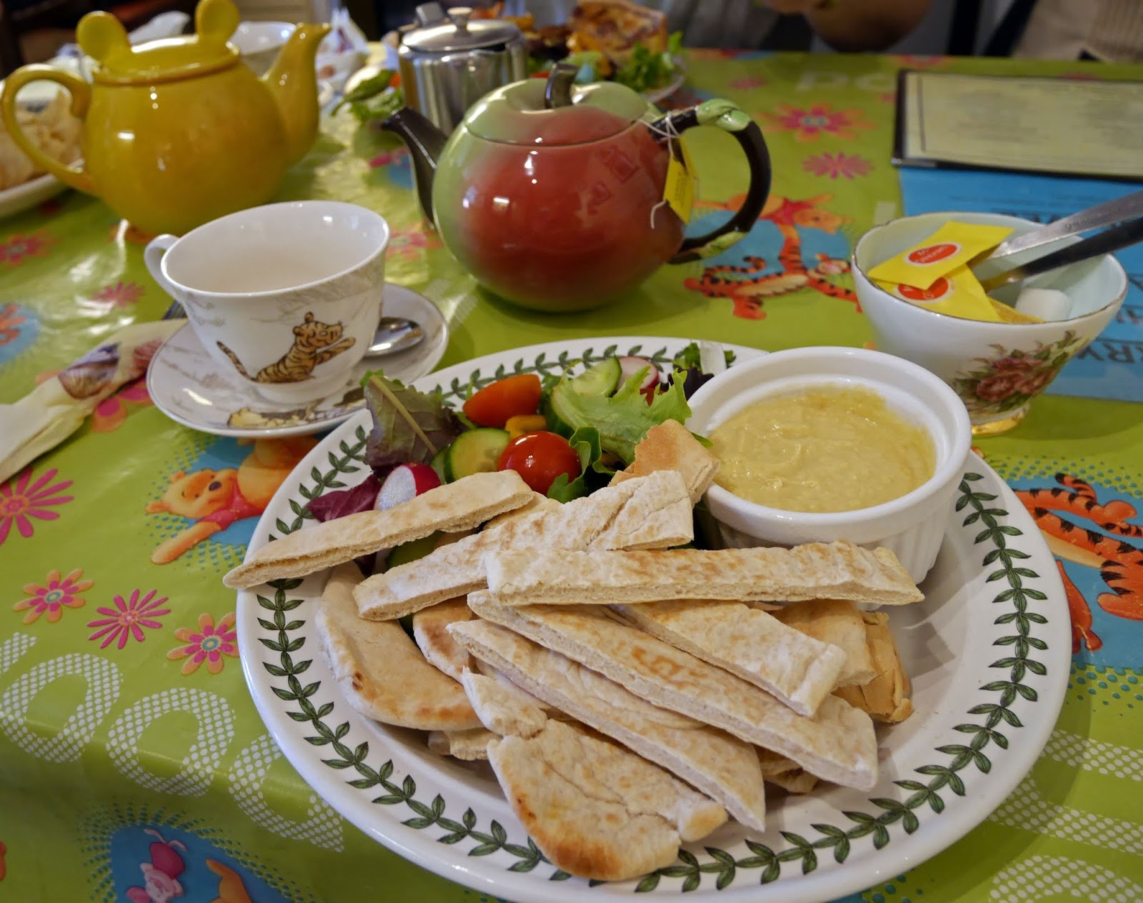 Hummus and pitta bread for lunch at Piglet's Tearoom, Ashdown Forest