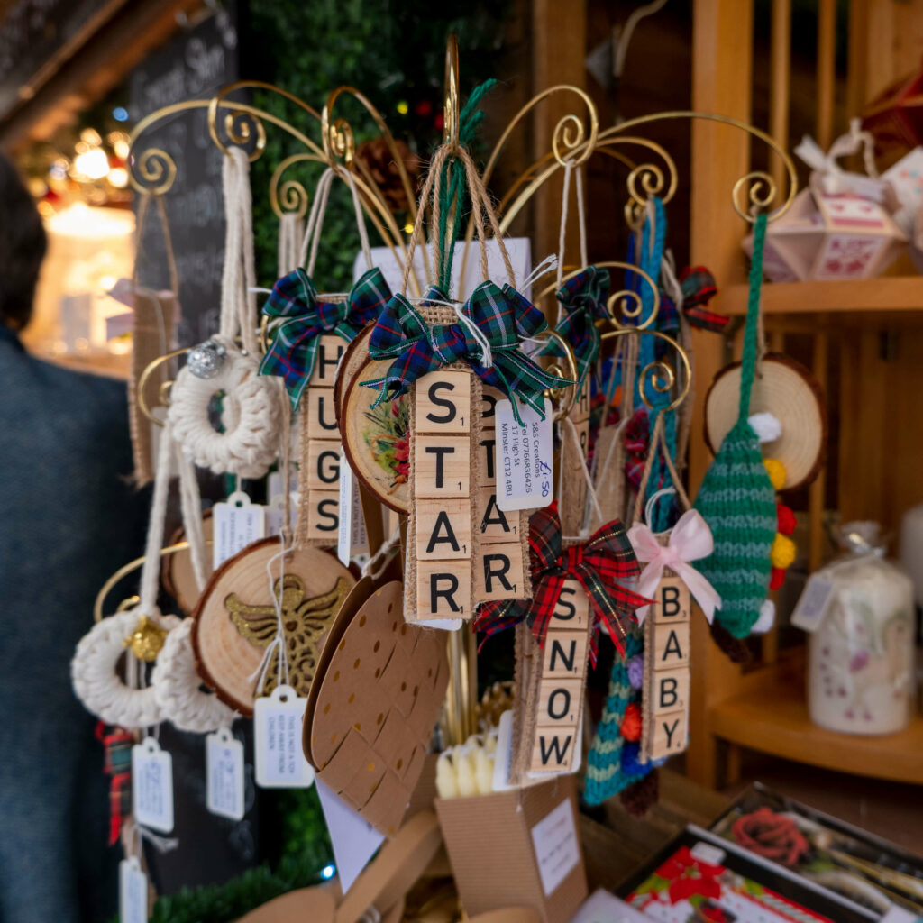Handmade Christmas decorations at the 2021 Christmas market, Canterbury