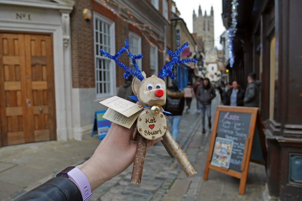 Personalised reindeer decoration purchased at the 2021 Christmas market in Canterbury, Kent