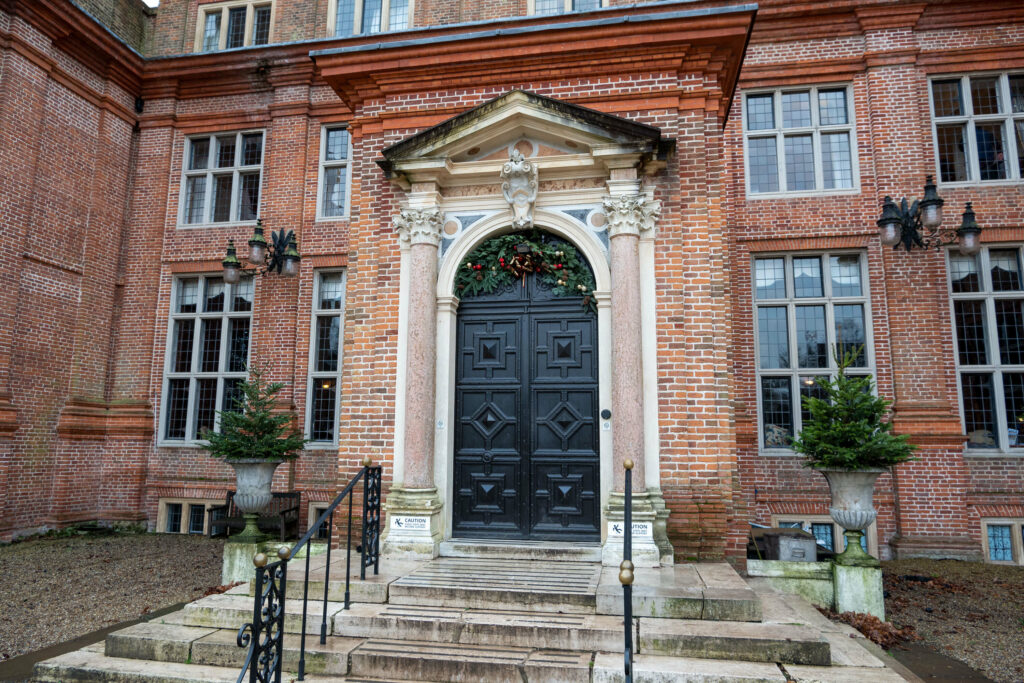 Festive decorations above the entrance to the main house at Broome Park Hotel, Canterbury