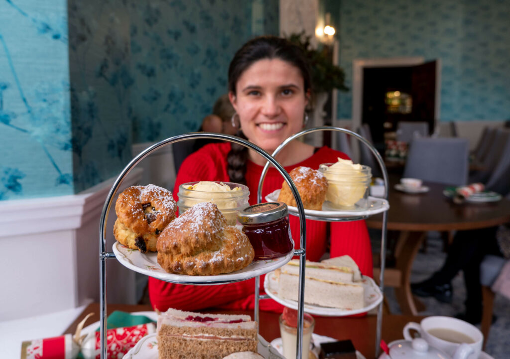 Kat Masterson having festive afternoon tea at Broome Park Hotel in Barham, Canterbury