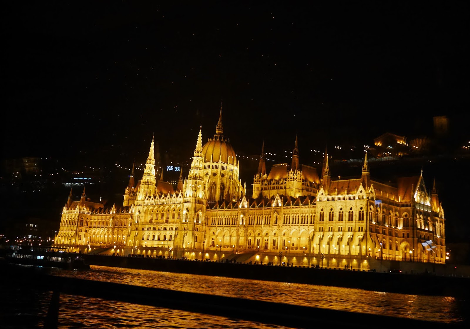 Nighttime view of the Parliament Building from our boat on the Danube, Budapest