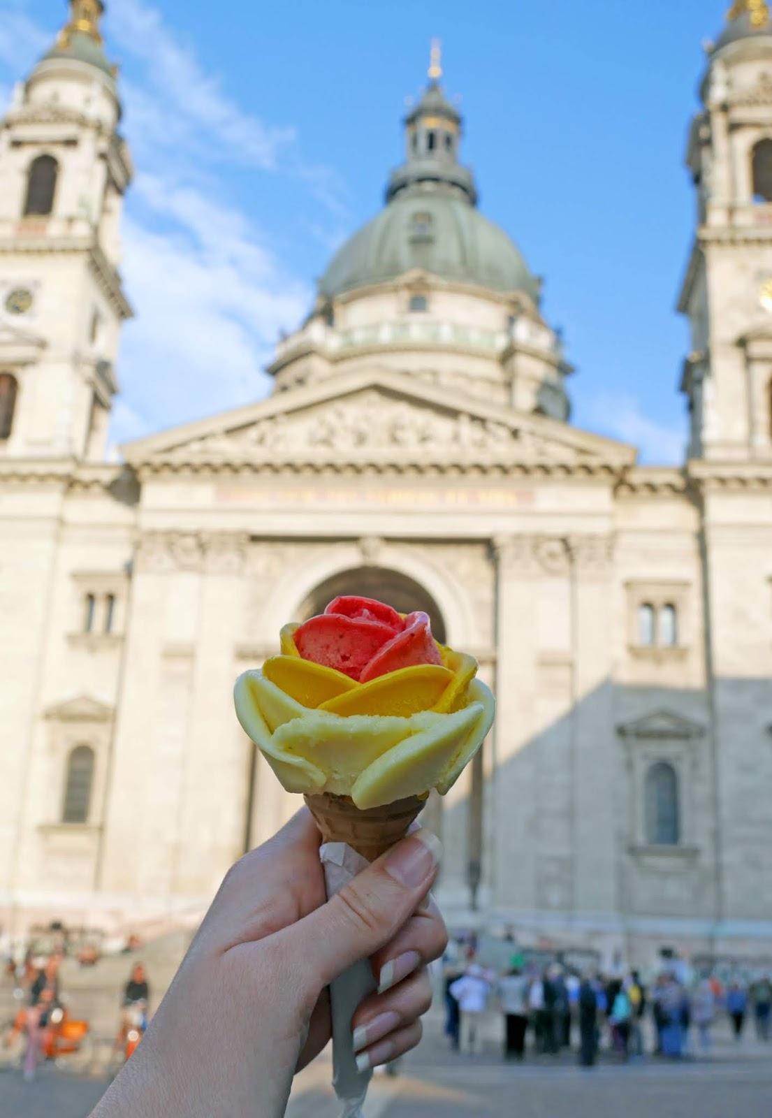 Gelarto Rosa's rose-shaped ice cream in front of the St Stephen's Basilica, Budapest