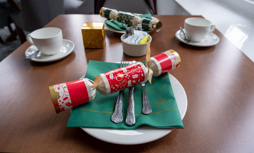 Table set-up for festive afternoon tea at Broome Park Hotel in Barham, Canterbury