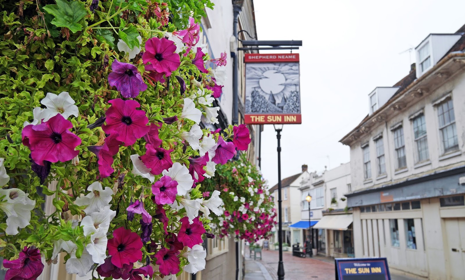 Flowers outside The Sun Inn in Faversham, Kent