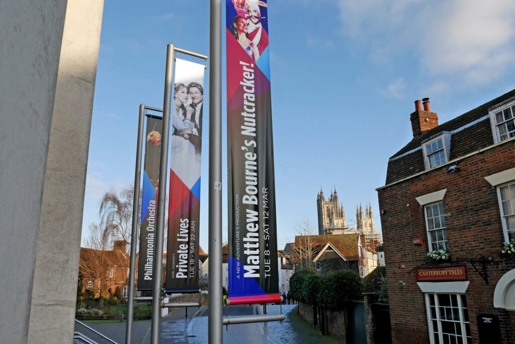 Private Lives production banner outside The Marlowe Theatre, Canterbury