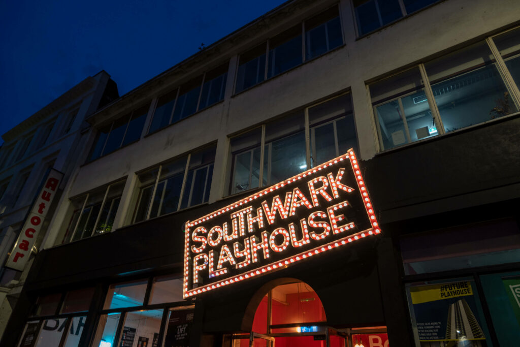 Outside the Southwark Playhouse at night, London