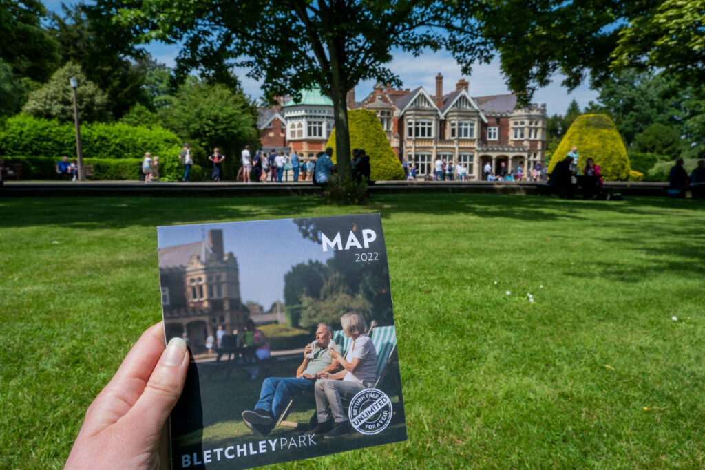 The 2022 Bletchley Park map in front of the Mansion