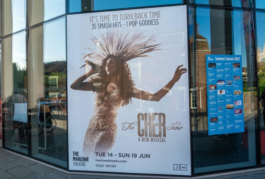 Poster for The Cher Show outside The Marlowe Theatre, Canterbury