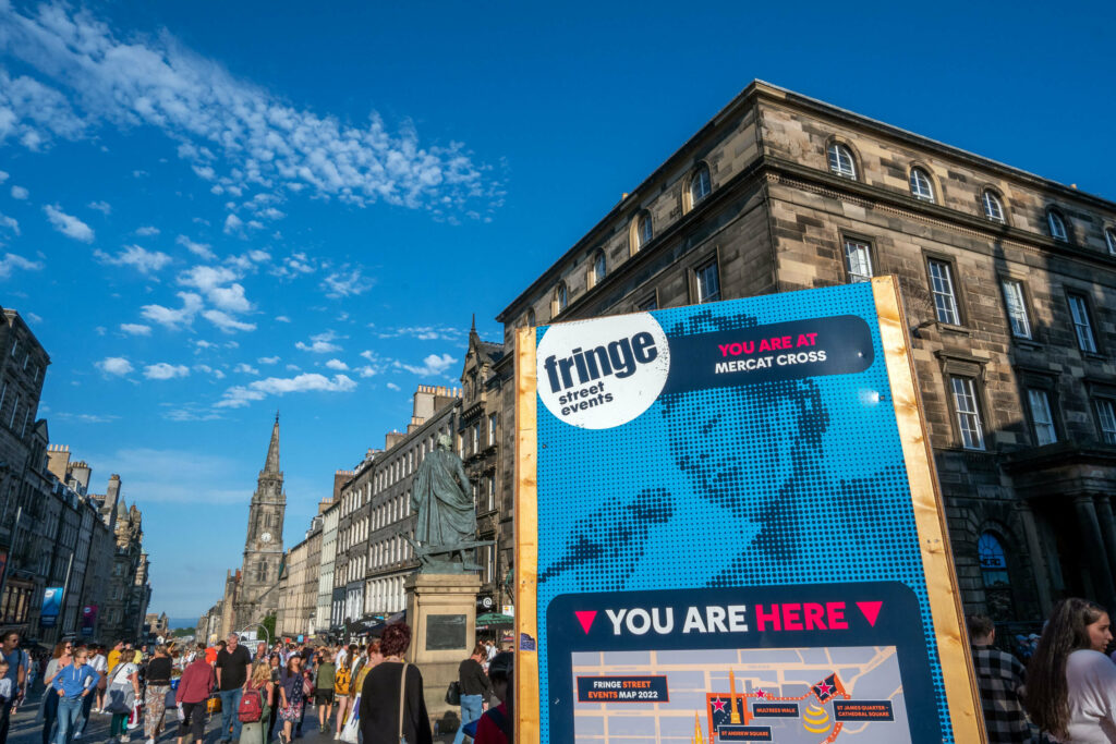 Edinburgh Fringe Festival street events sign on the Royal Mile
