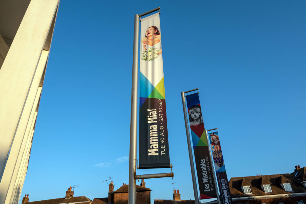Mamma Mia! the Musical banners outside The Marlowe Theatre, Canterbury