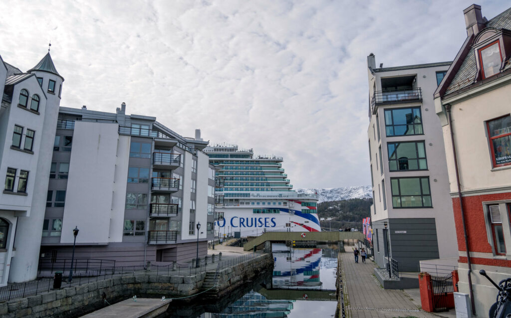 P&O Cruises' Iona docked beside Alesund city centre, Norway