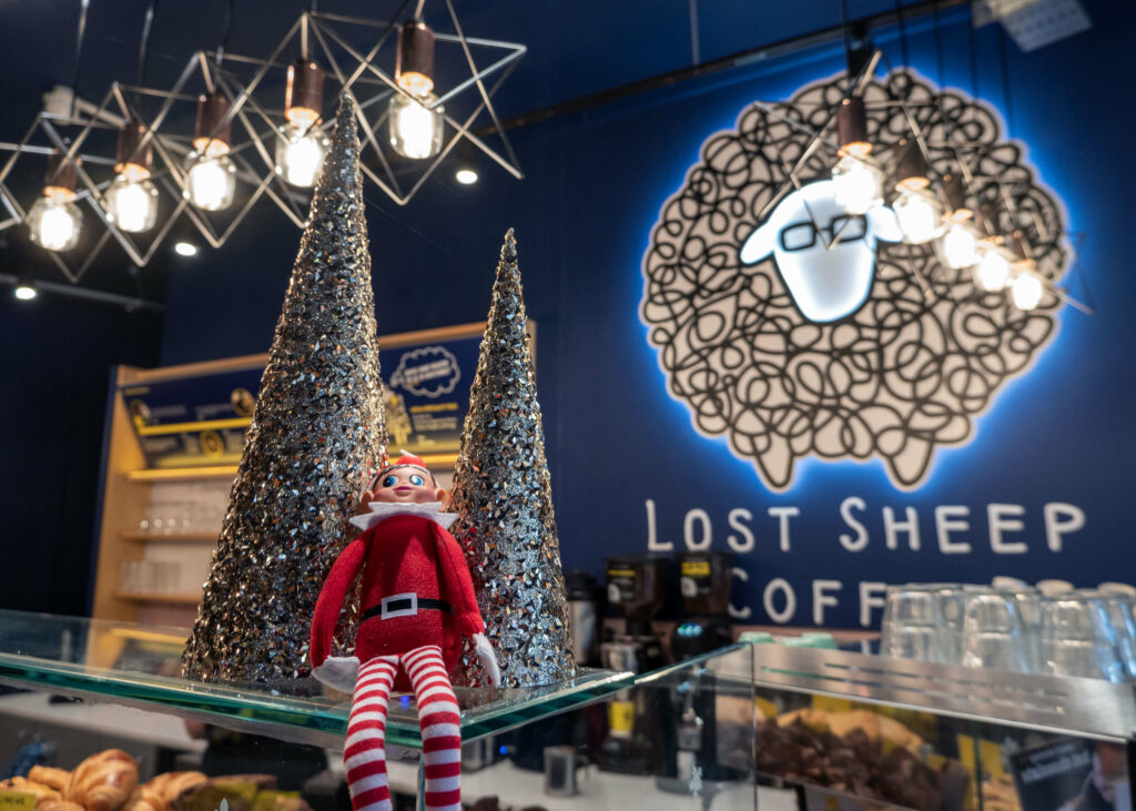 An Elf on the Shelf on the counter at Lost Sheep Coffee & Kitchen in Canterbury, Kent