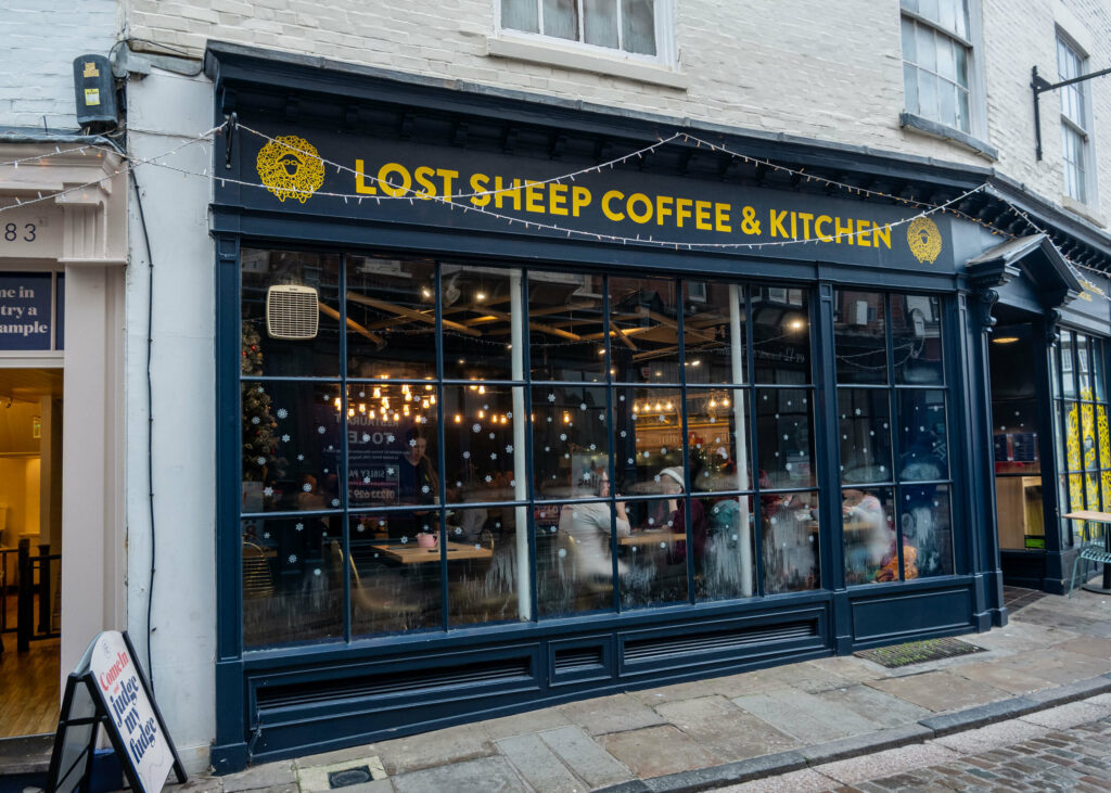 Exterior of Lost Sheep Coffee & Kitchen during the month of December