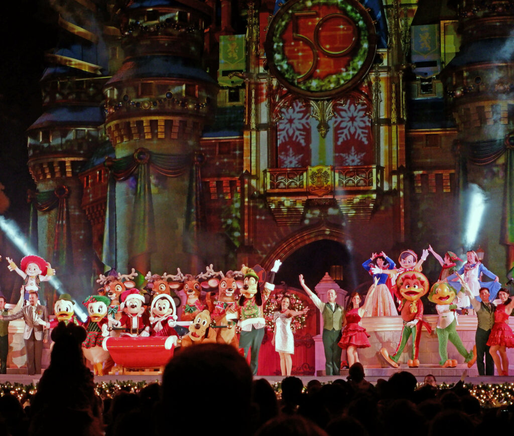 Castle stage show finale during Mickey's Very Merry Christmas Party at the Magic Kingdom