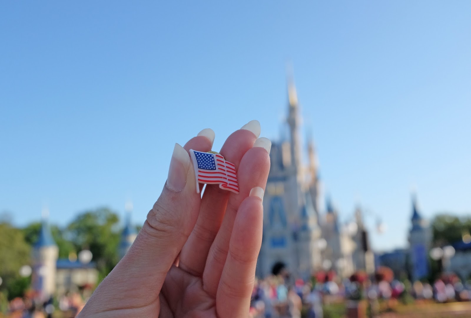 USA flag pin in front of Cinderella's Castle, Magic Kingdom