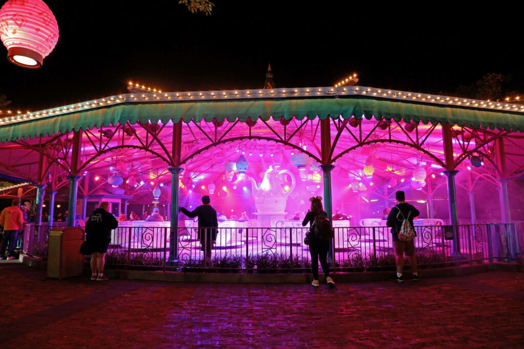 Mad Tea Party festive ride theming during Mickey's Very Merry Christmas Party