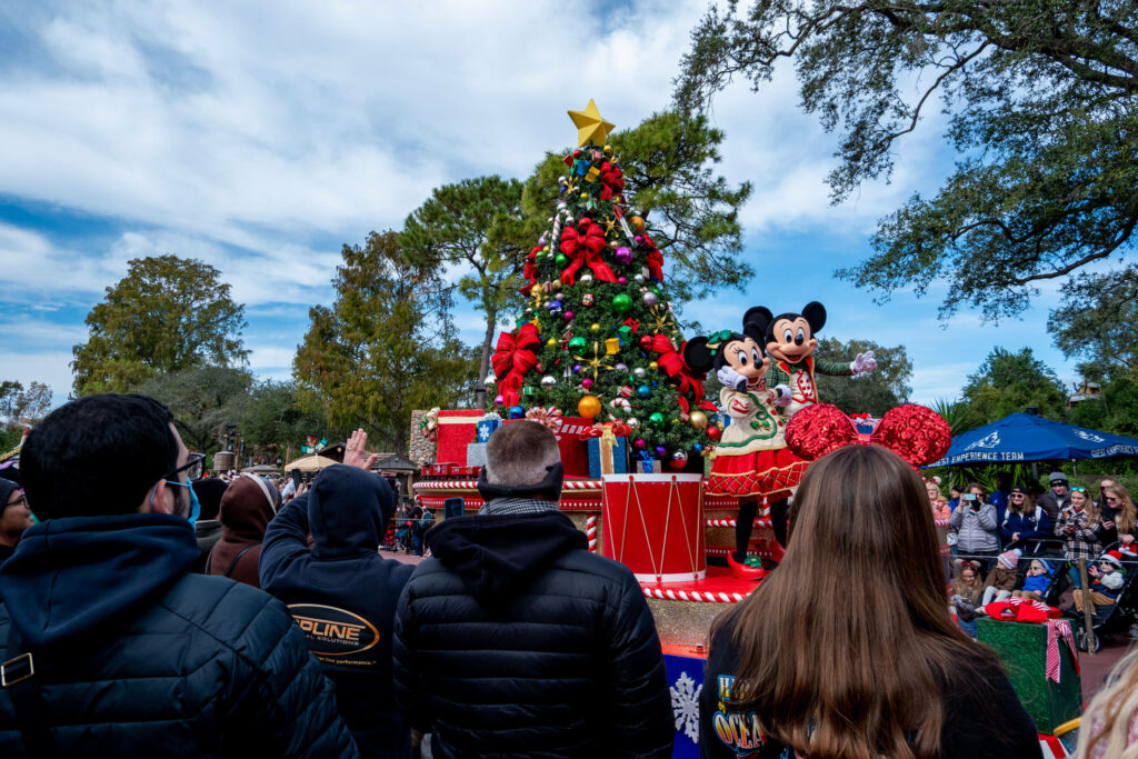 Minnie and Mickey Mouse during 'Mickey's Once Upon A Christmastime' parade on Christmas Day