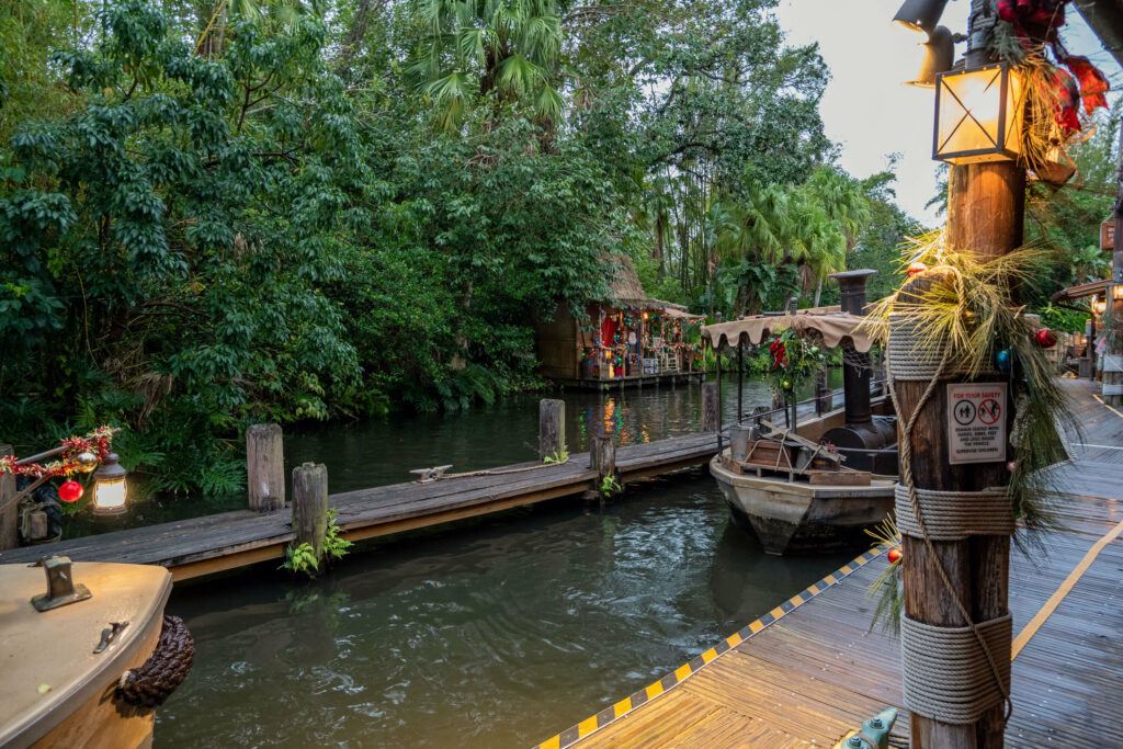 Jingle Cruise festive boats at the Magic Kingdom