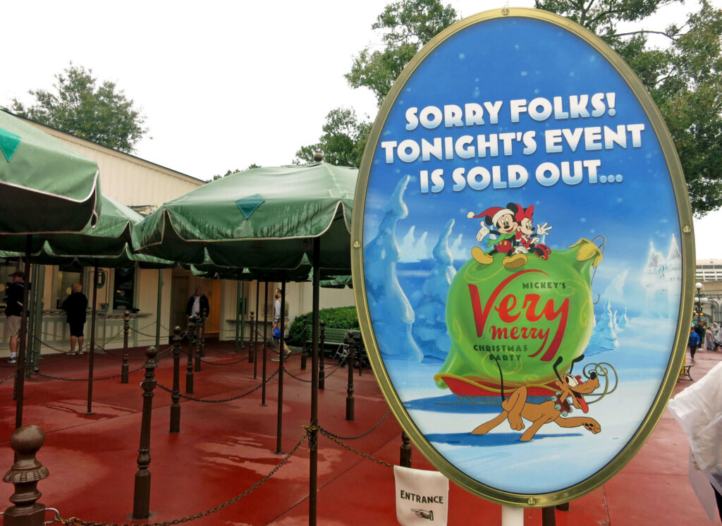 Mickey's Very Merry Christmas Party event sold out sign