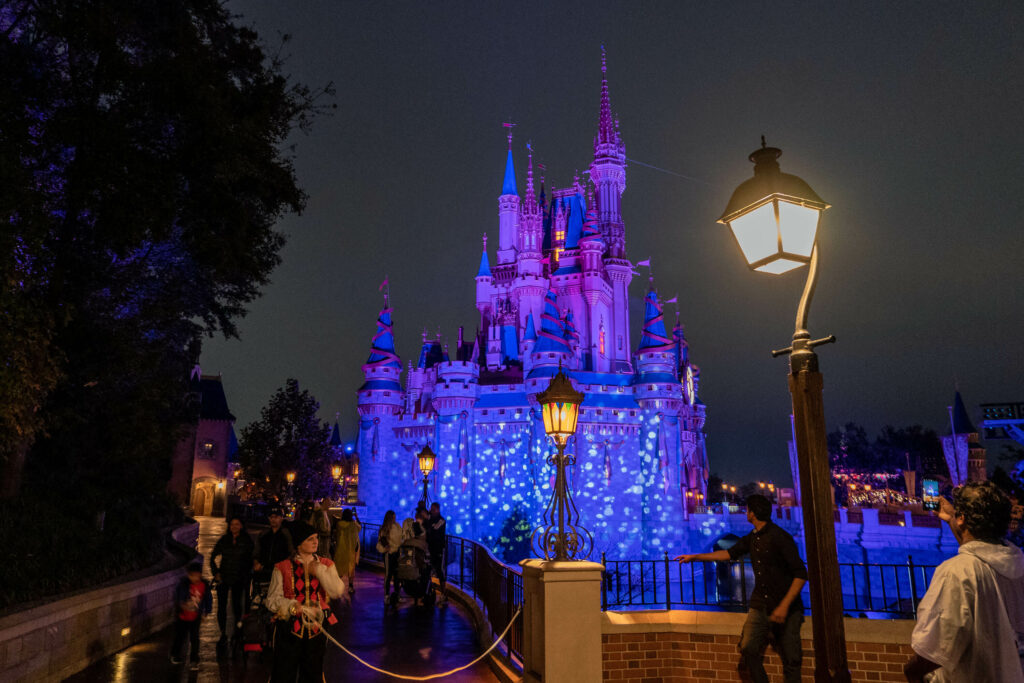 Festive projections on Cinderella Castle during Mickey's Very Merry Christmas Party