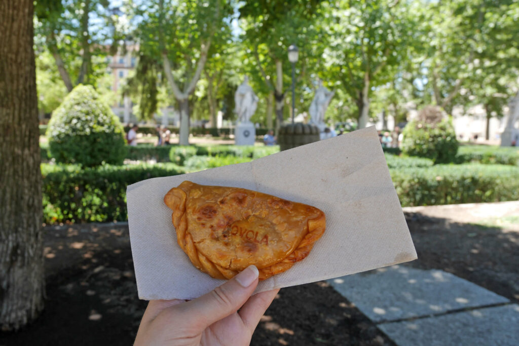 Empanadas for lunch in a city park, Madrid