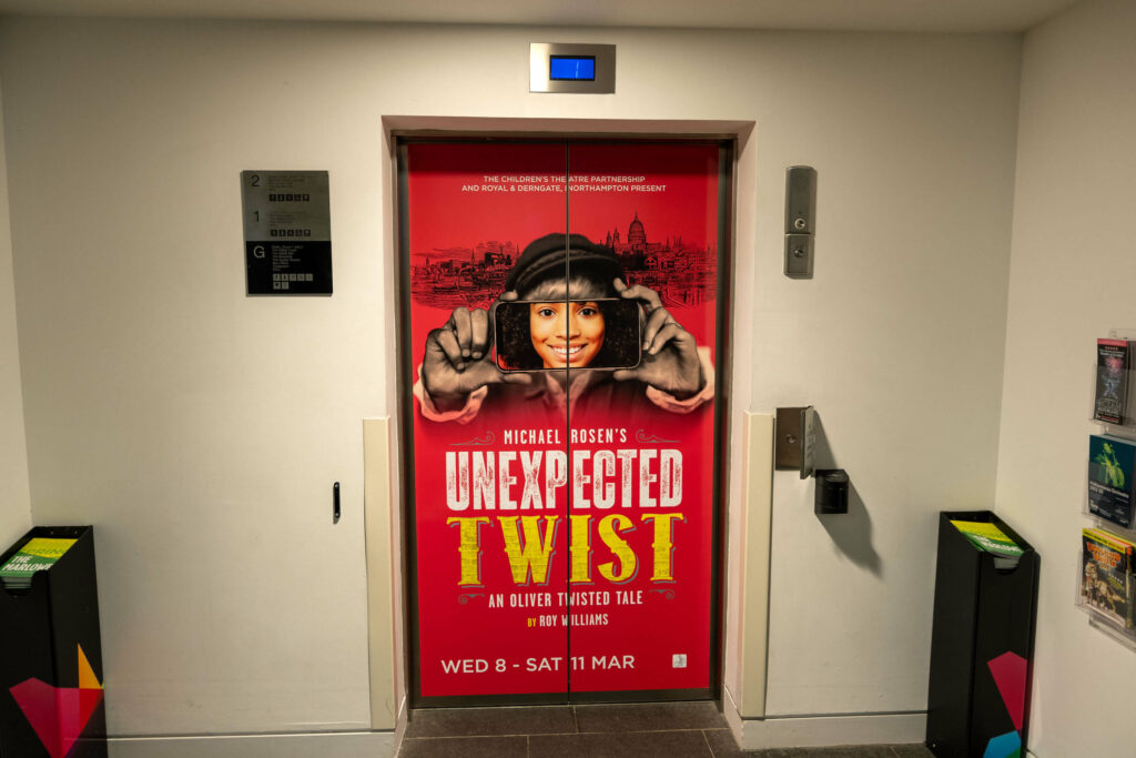 Unexpected Twist promotional poster on the lift at The Marlowe Theatre, Canterbury