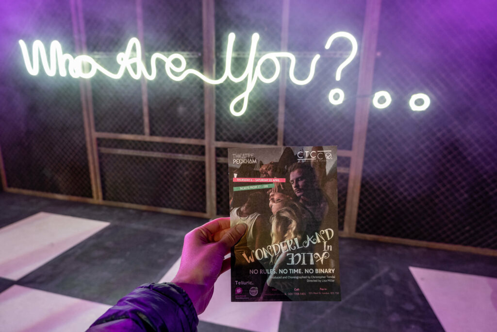 Wonderland in Alice's 'Who are you?' sign and a promotional leaflet at Theatre Peckham