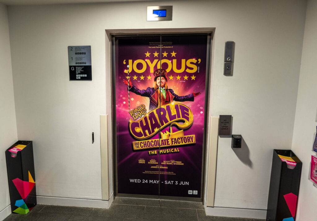 Charlie and the Chocolate Factory - The Musical poster on The Marlowe Theatre lift doors, Canterbury
