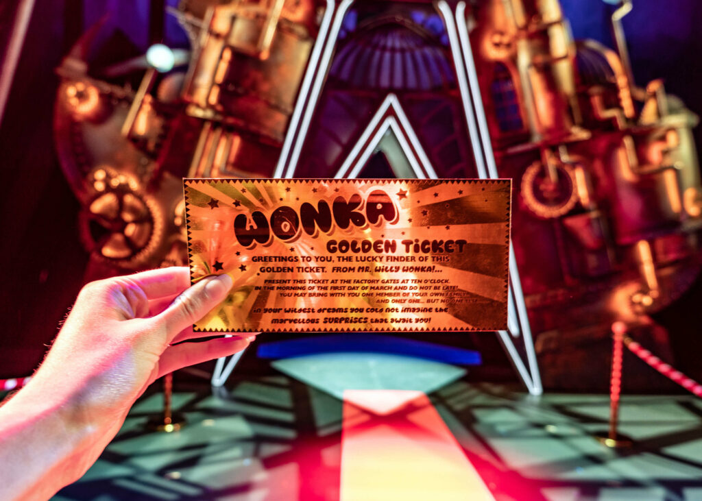 Willy Wonka golden ticket prop during the Charlie and the Chocolate Factory - The Musical backstage tour at The Marlowe Theatre, Canterbury