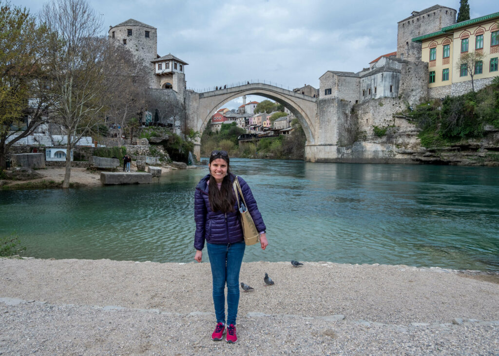 Kat Masterson in front of the Old Bridge in Mostar, Bosnia and Herzegovina