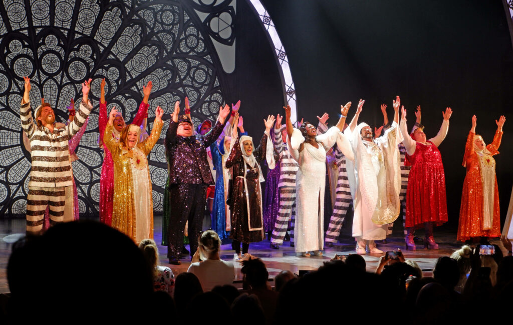 Sister Act cast during the curtain call at The Marlowe Theatre, Canterbury
