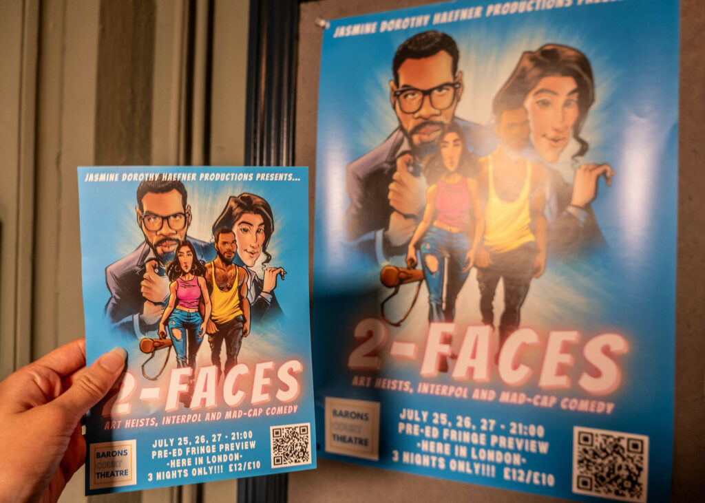 The poster and leaflet for 2-Faces play at Barons Court Theatre, London