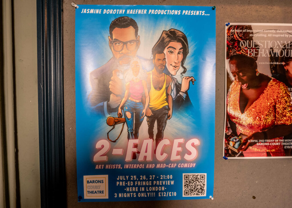 The poster for 2-Faces play at Barons Court Theatre, London