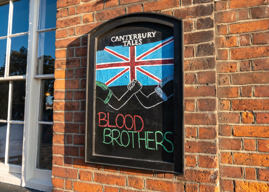 Blood Brothers artwork outside the Canterbury Tales pub