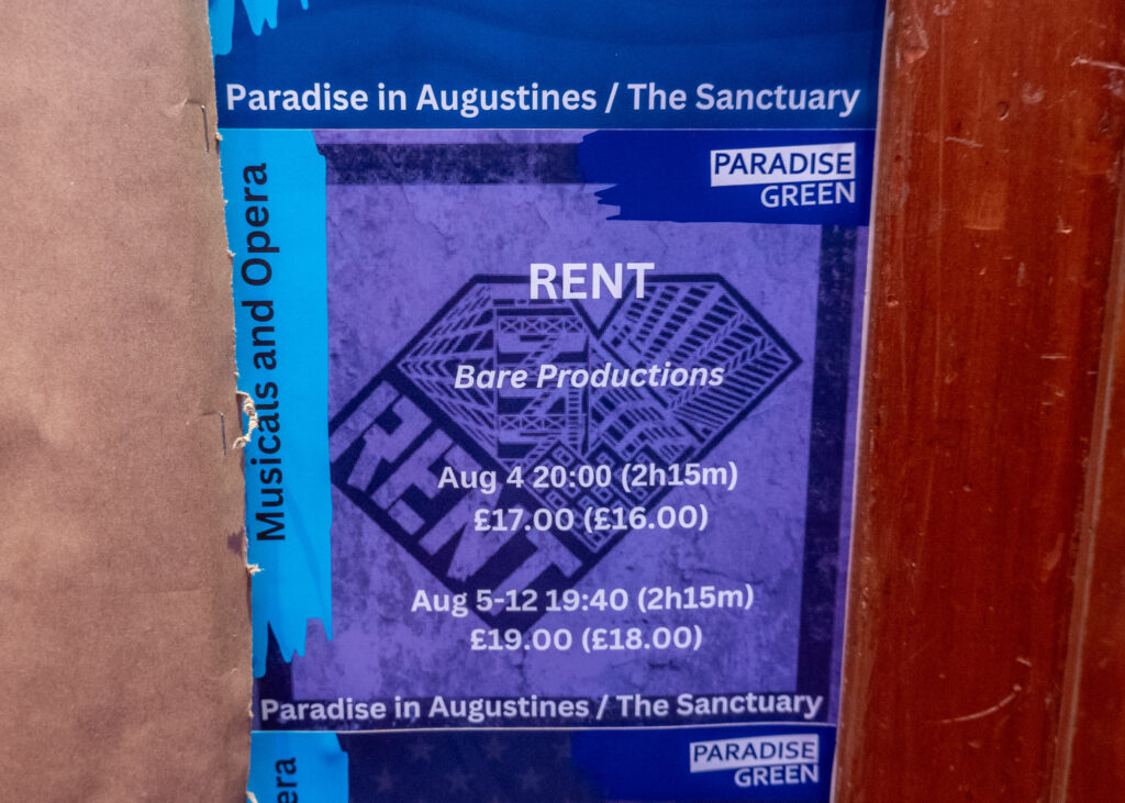 Poster for RENT (Bare Productions) at Paradise Green, Edinburgh Fringe