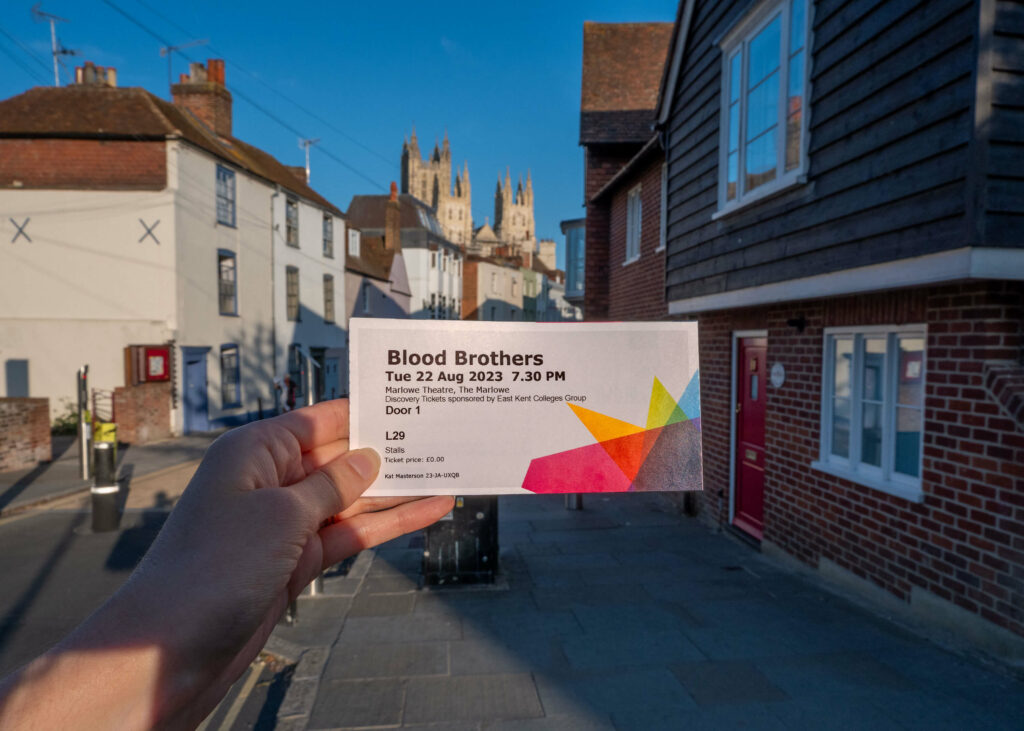 Ticket for Blood Brothers at The Marlowe Theatre in front of Canterbury Cathedral